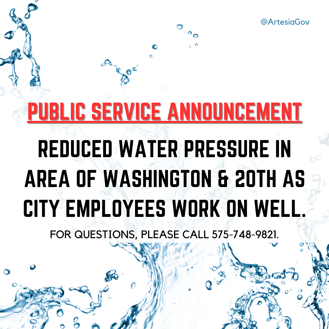 Reduced Water Pressure announcement with splash of water in background