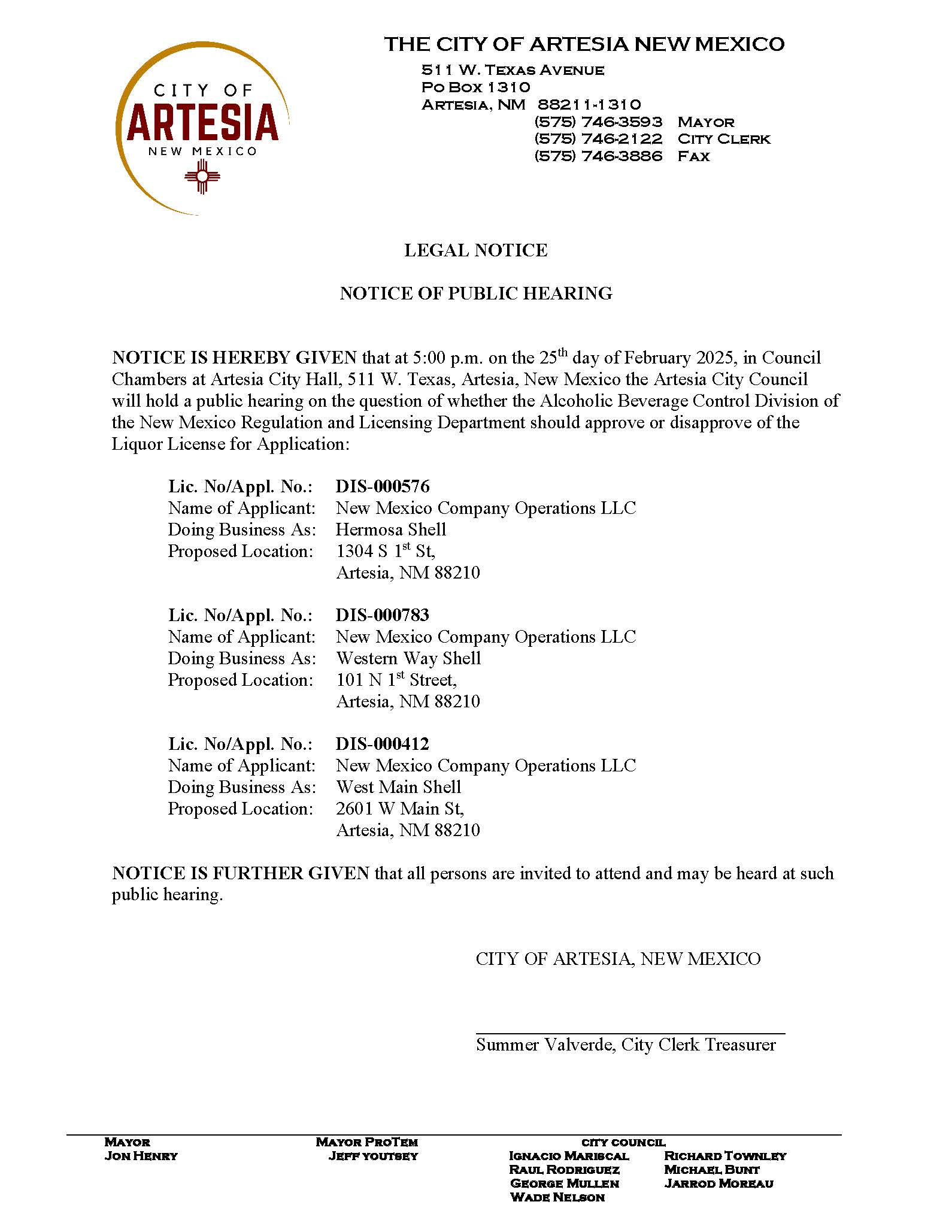 02-25-2025 COA Letter - Liquor License Hearing Legal Notice