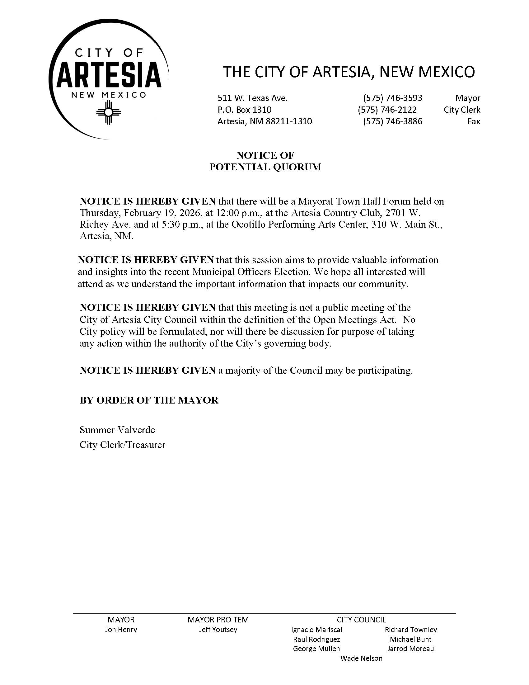 02-19-2026 Notice Potiential Quorum