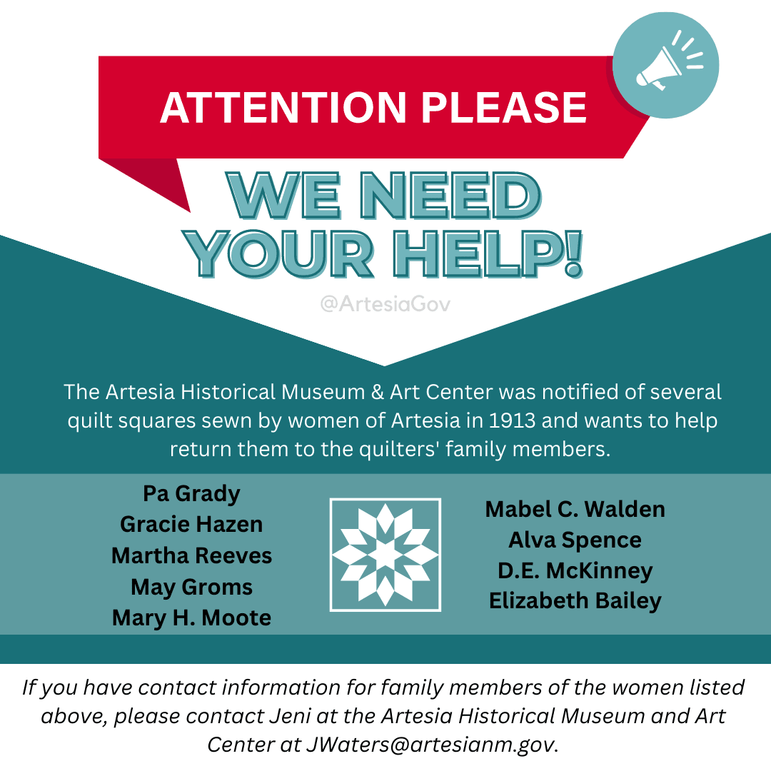 Help us contact the families of 1913 quilters listed on the image and text to return quilt squares.