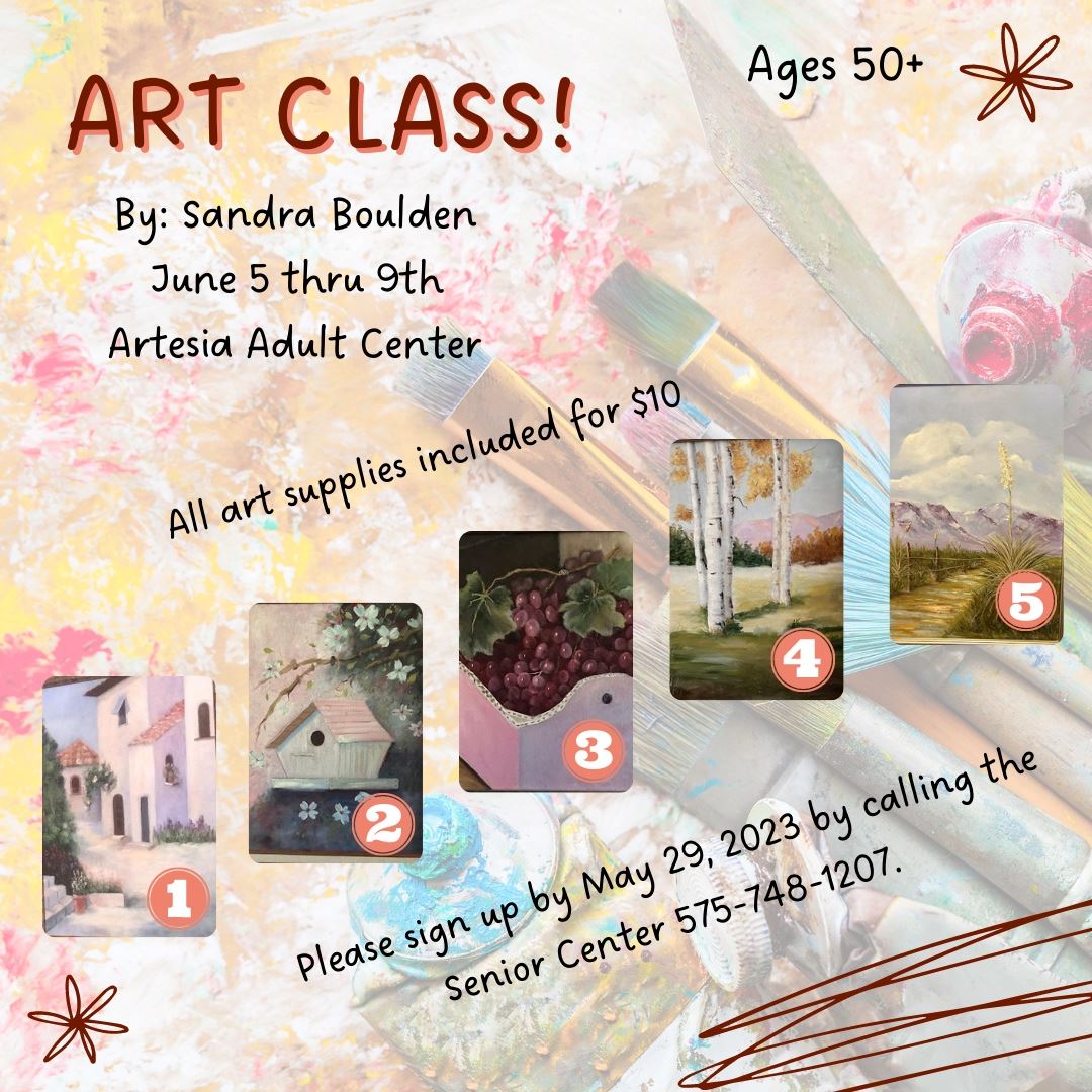 Art Class Oil Painting Flyer depicting images of the 5 paintings to be created in the class