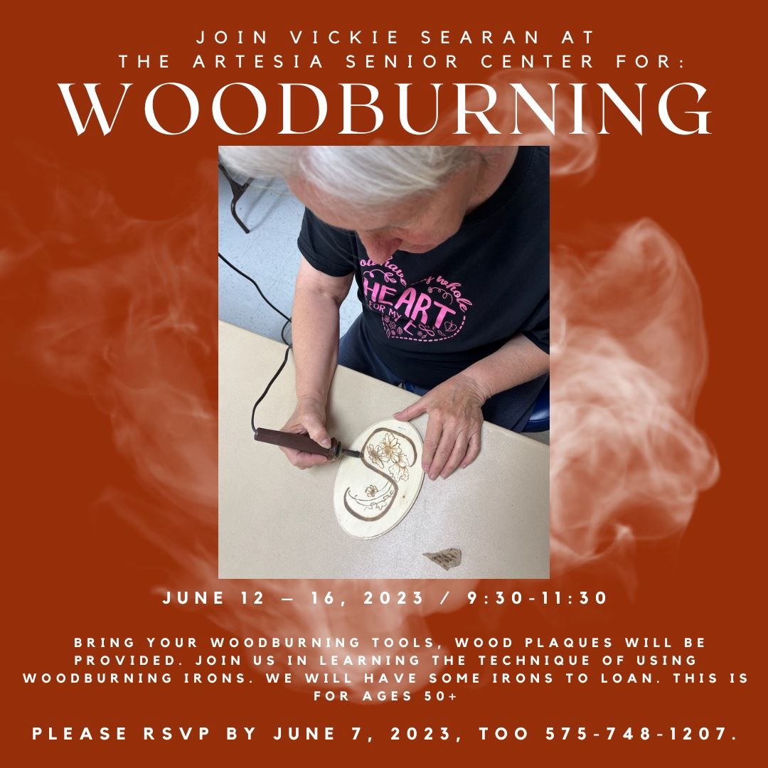 Image shows info and woman using a woodburning tool to burn an 